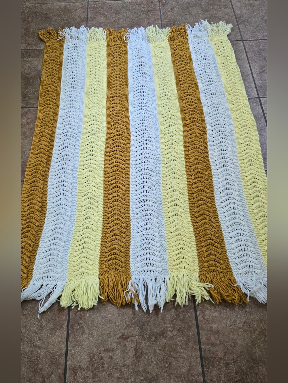 Striped Crochet Throw Blanket in Mustard, Yellow & White